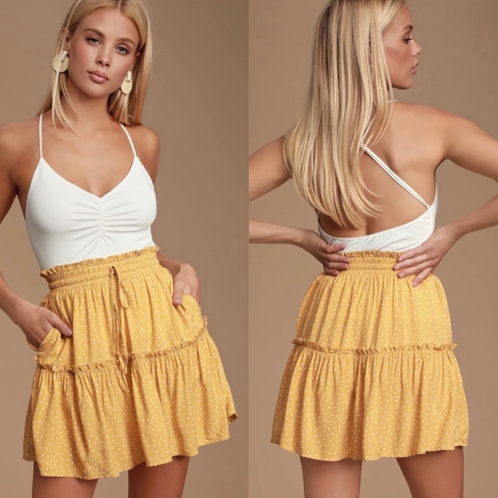 LULU’s Call you Mine Mustard Yellow Polka Dot Ruffled Mini Skirt